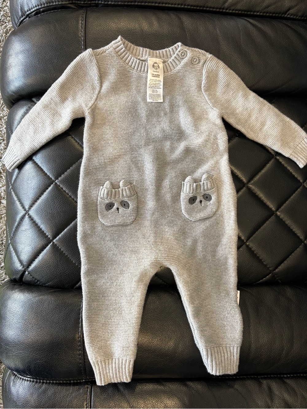 Gerber Gray Knit Baby One-Piece with Raccoon Pocket Appliques